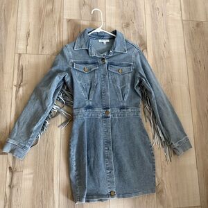 Denim Long Sleeve Dress with Fringe